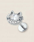Gümüş renkli 316L cerrahi çelik kedi figürlü flatback piercing tasarımı.
