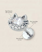 Gümüş renkli 316L cerrahi çelik kedi figürlü flatback piercingin ölçü görseli.