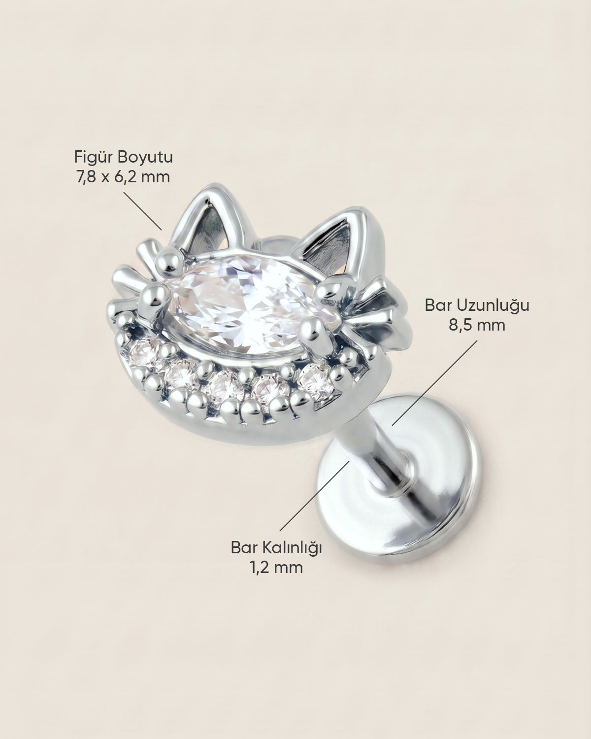Gümüş renkli 316L cerrahi çelik kedi figürlü flatback piercingin ölçü görseli.