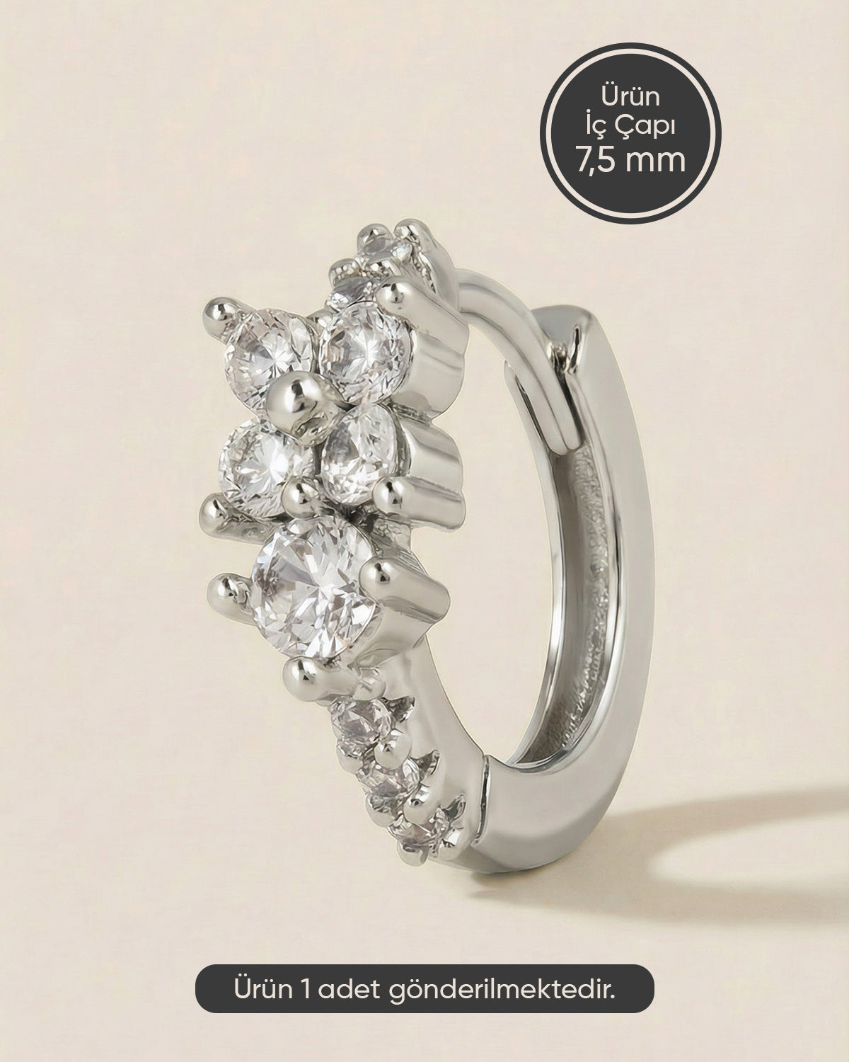 Gümüş renkli 316L cerrahi çelik küme zirkon taşlı halka piercing tasarımı.