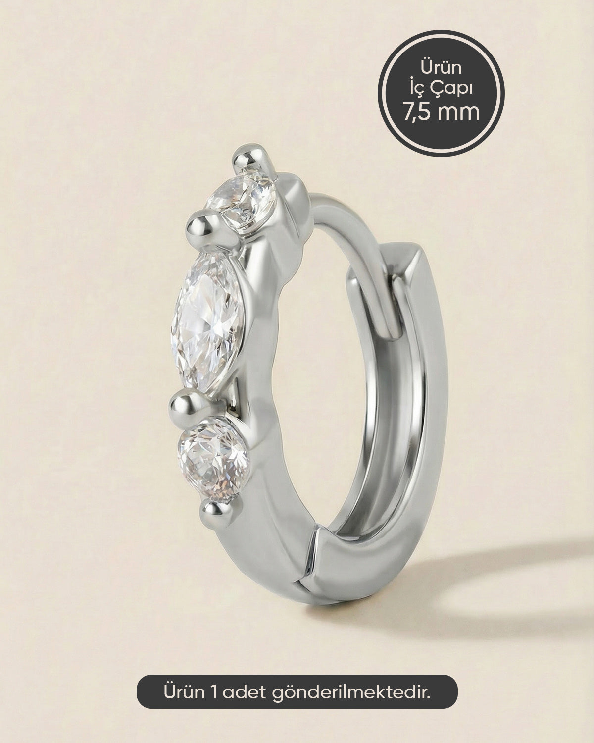 Gümüş renkli 316L cerrahi çelik markiz ve yuvarlak zirkon taşlı halka piercing tasarımı.