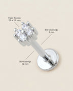 Gümüş renkli 316L cerrahi çelik minik zirkon taşlı flatback piercingin ölçü görseli.