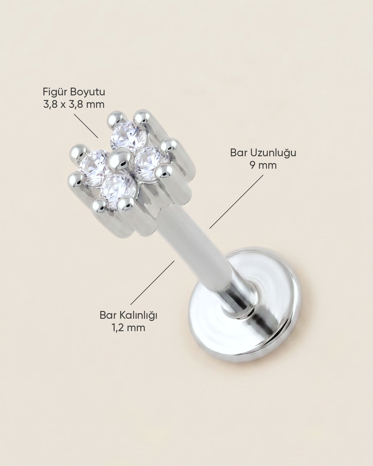 Gümüş renkli 316L cerrahi çelik minik zirkon taşlı flatback piercingin ölçü görseli.