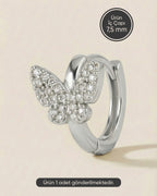 Gümüş renkli 316L cerrahi çelik pave zirkon taşlı kelebek halka piercing tasarımı.