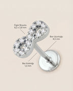 Gümüş renkli 316L cerrahi çelik sonsuzluk figürlü flatback piercingin ölçü görseli.