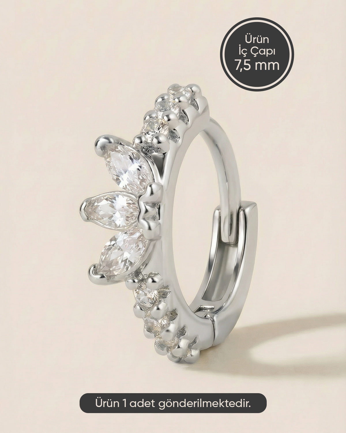 Gümüş renkli 316L cerrahi çelik taç formlu mekik zirkon taşlı halka piercing tasarımı.