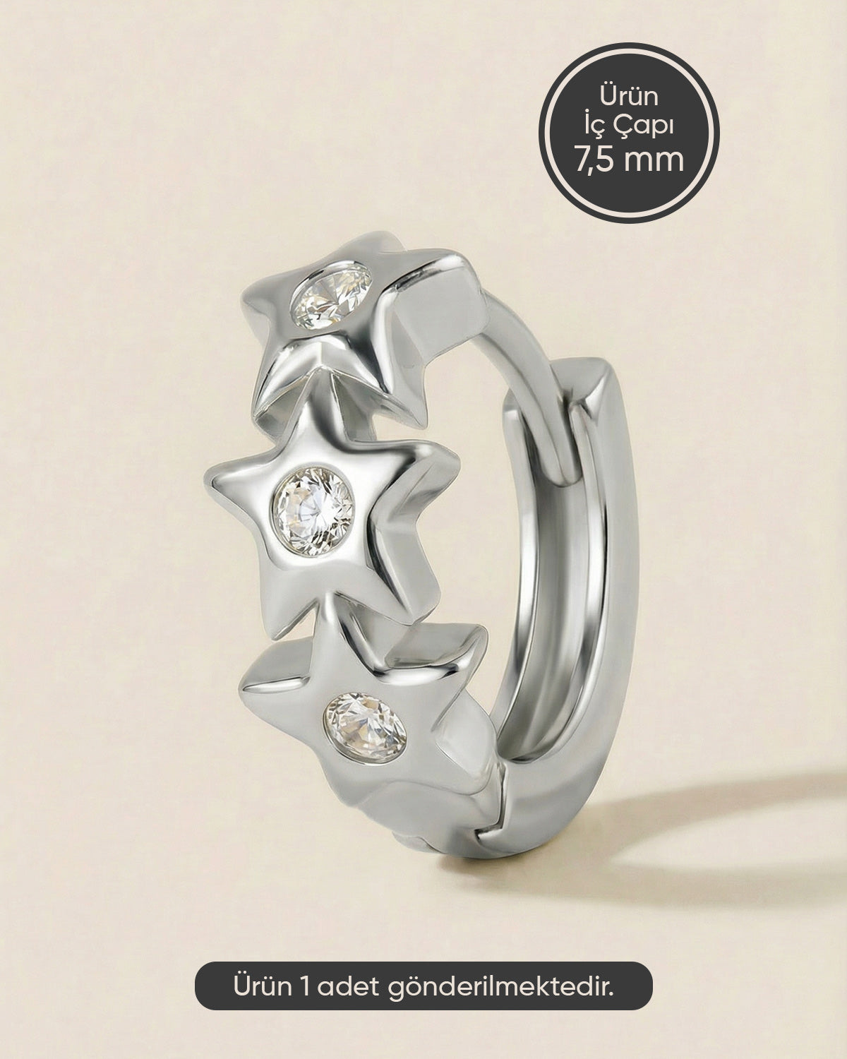 Gümüş renkli 316L cerrahi çelik üçlü yıldız zirkon taşlı halka piercing tasarımı.