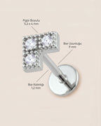 Gümüş renkli 316L cerrahi çelik V formlu flatback piercingin ölçü görseli.
