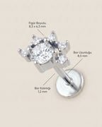 Gümüş renkli 316L cerrahi çelik yarım güneş figürlü flatback piercingin ölçü görseli.