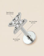 Gümüş renkli 316L cerrahi çelik yıldırım figürlü flatback piercingin ölçü görseli.