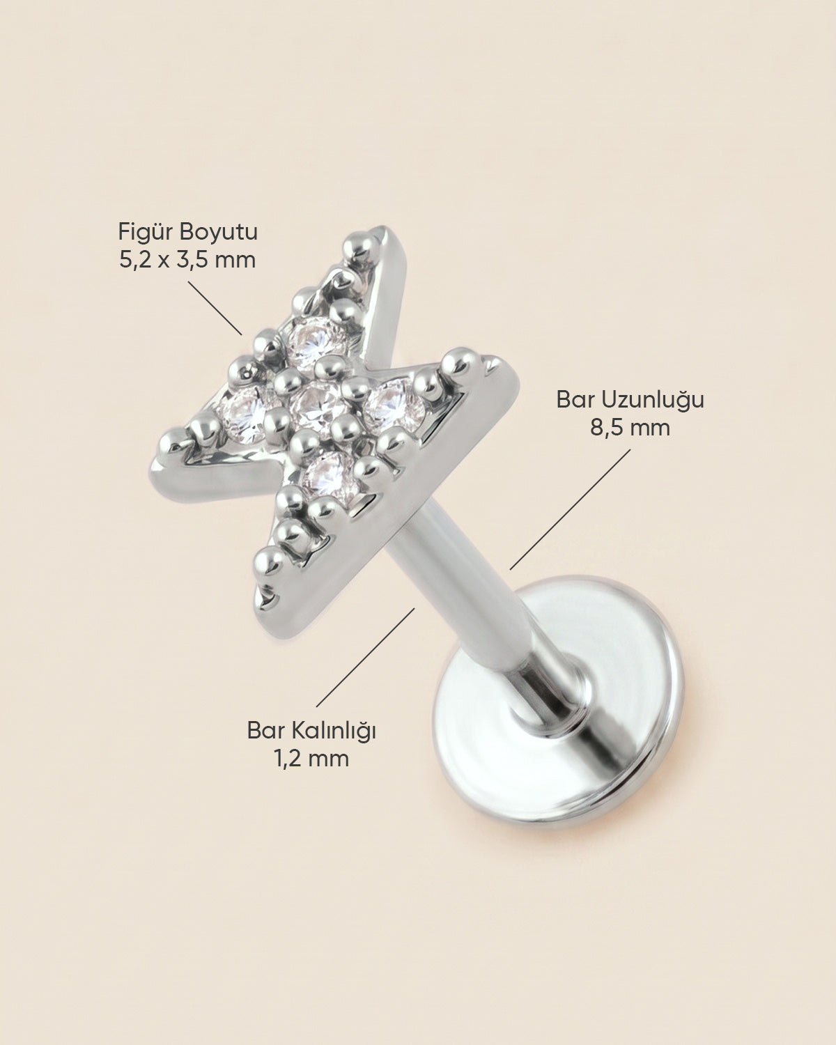 Gümüş renkli 316L cerrahi çelik yıldırım figürlü flatback piercingin ölçü görseli.