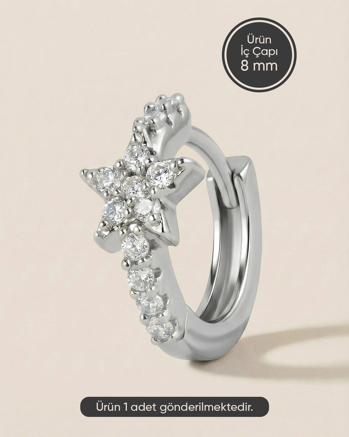 Gümüş renkli 316L cerrahi çelik yıldız figürlü zirkon taşlı halka piercing tasarımı.