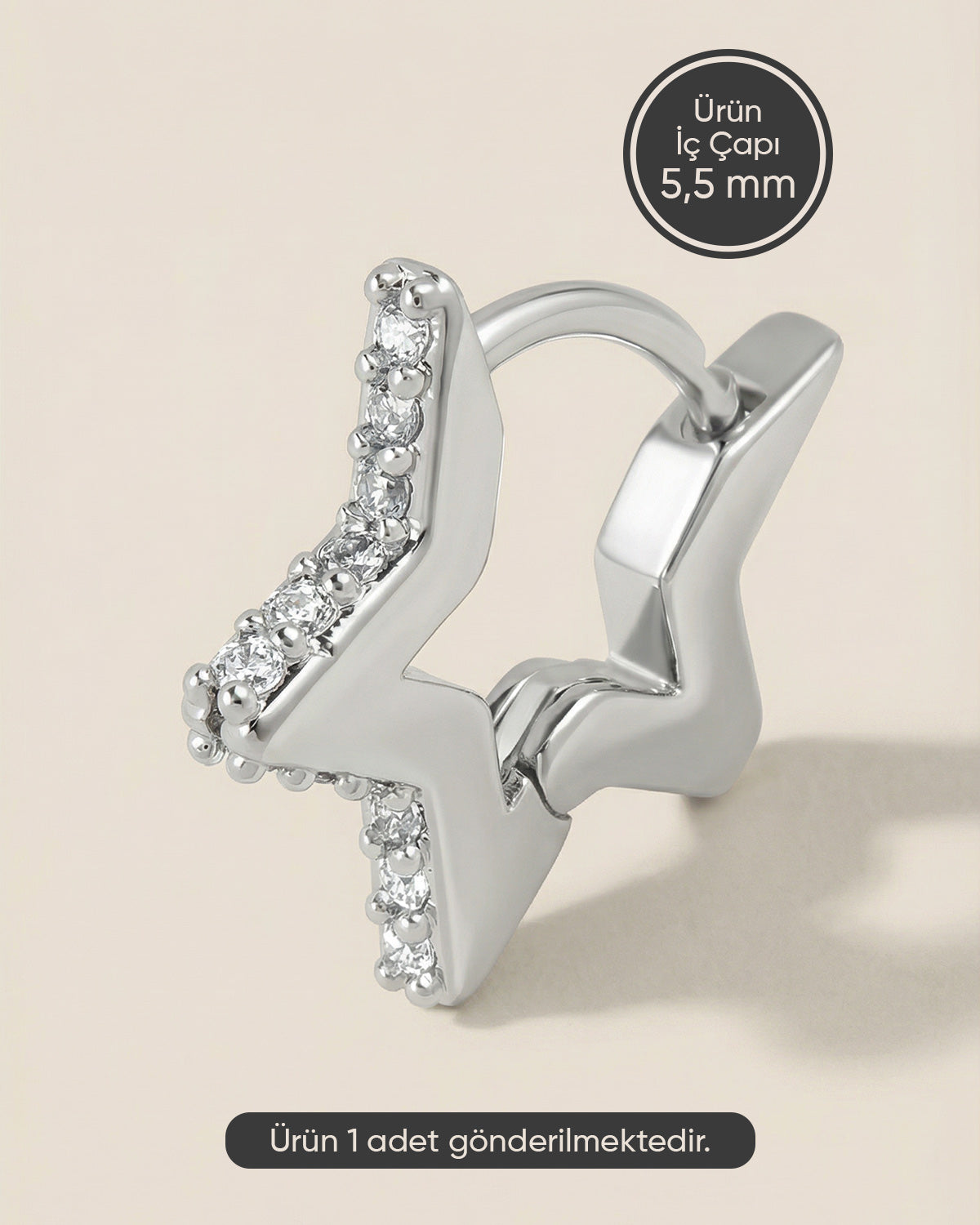 Gümüş renkli 316L cerrahi çelik yıldız formlu zirkon taşlı halka piercing tasarımı.