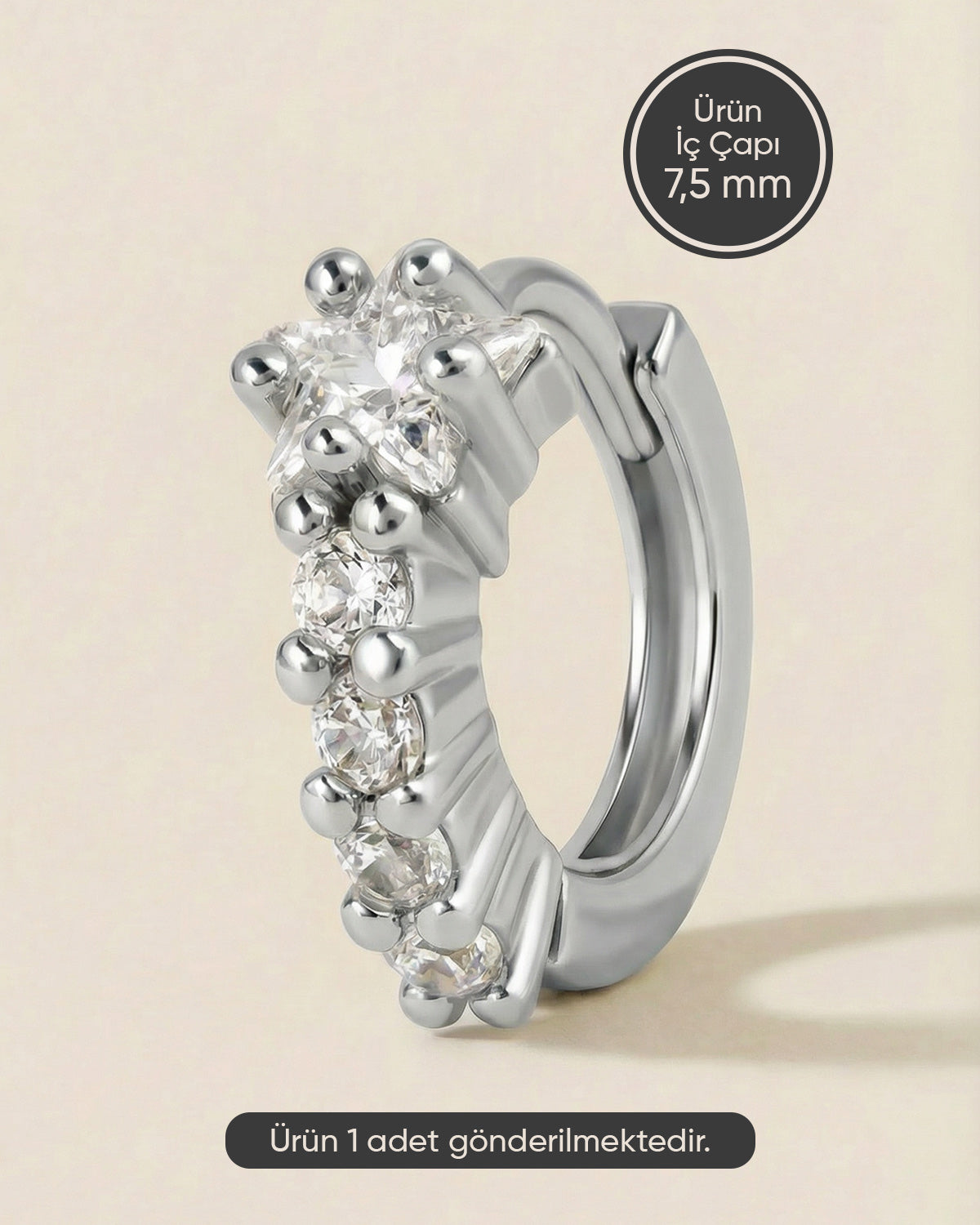 Gümüş renkli 316L cerrahi çelik yıldız kesim zirkon taşlı halka piercing tasarımı.