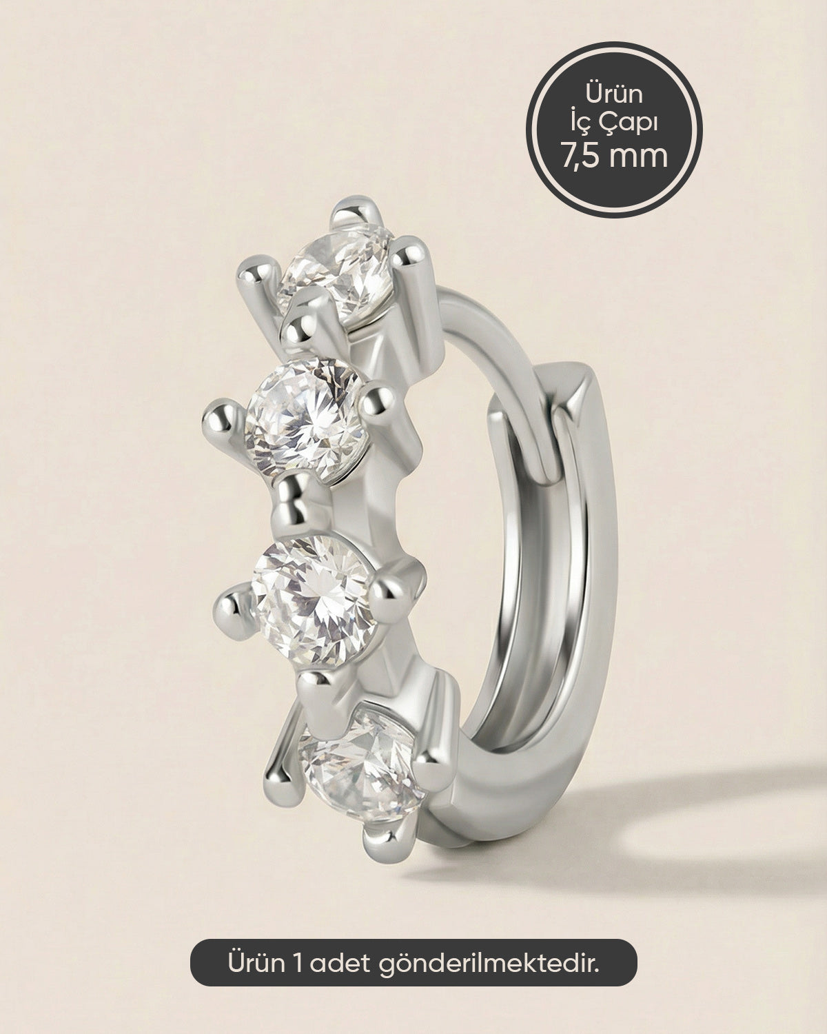 Gümüş renkli 316L cerrahi çelik zirkon dört taşlı halka piercing tasarımı.