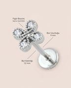 Gümüş renkli 316L cerrahi çelik zirkon taşlı çiçek flatback piercingin ölçü görseli.