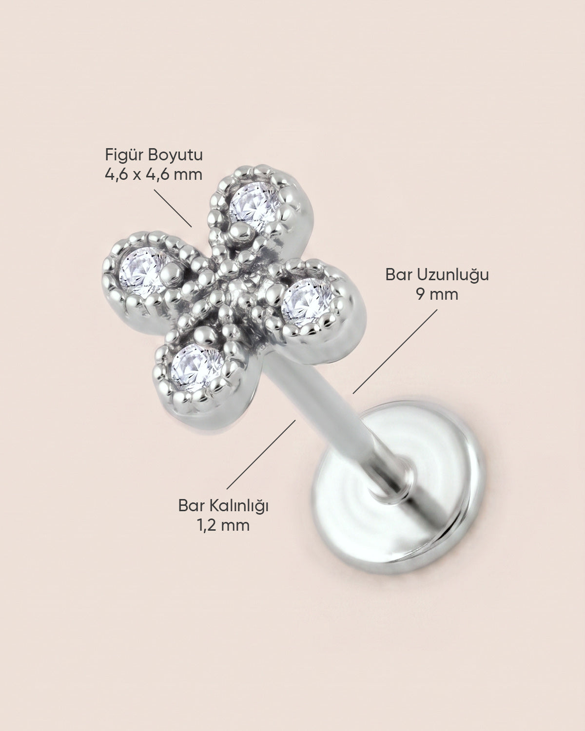 Gümüş renkli 316L cerrahi çelik zirkon taşlı çiçek flatback piercingin ölçü görseli.