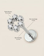 Gümüş renkli 316L cerrahi çelik zirkon taşlı halo flatback piercingin ölçü görseli.