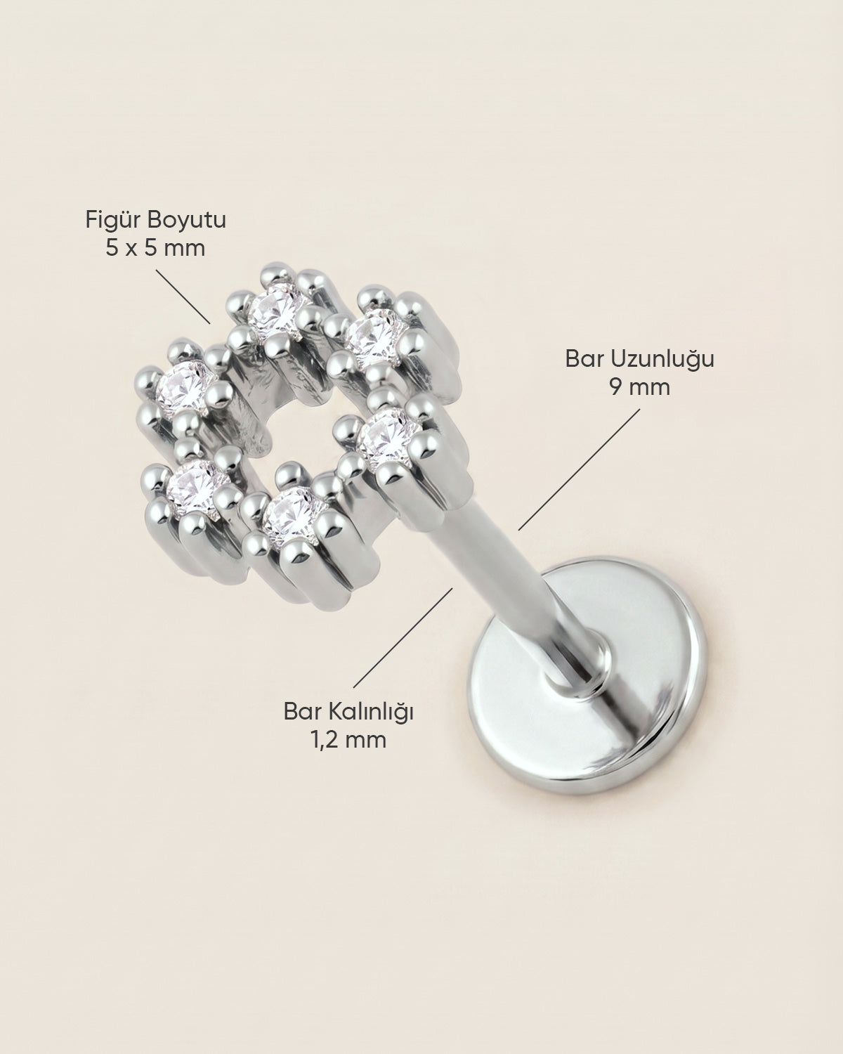 Gümüş renkli 316L cerrahi çelik zirkon taşlı halo flatback piercingin ölçü görseli.