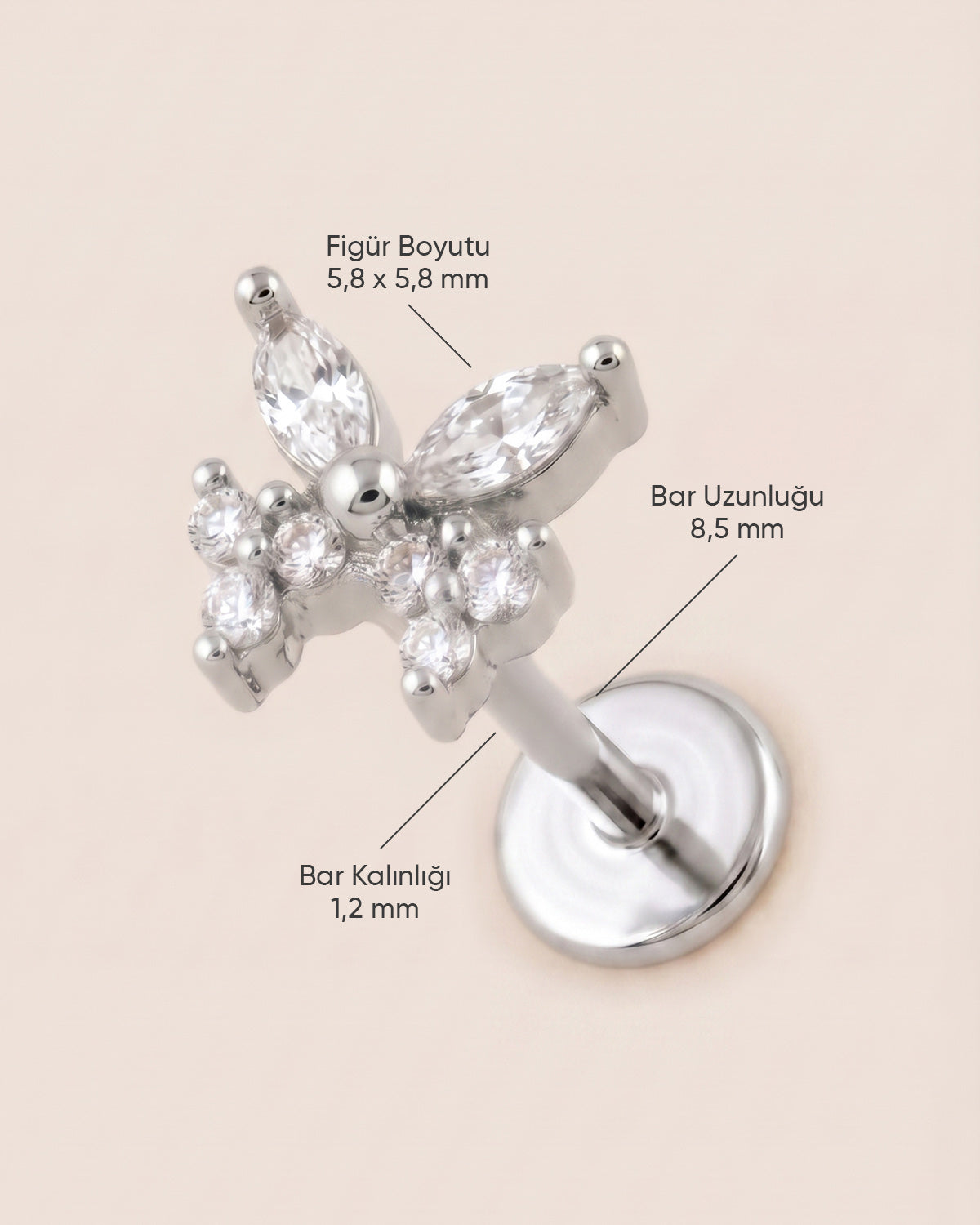 Gümüş renkli 316L cerrahi çelik zirkon taşlı kelebek figürlü flatback piercingin ölçü görseli.