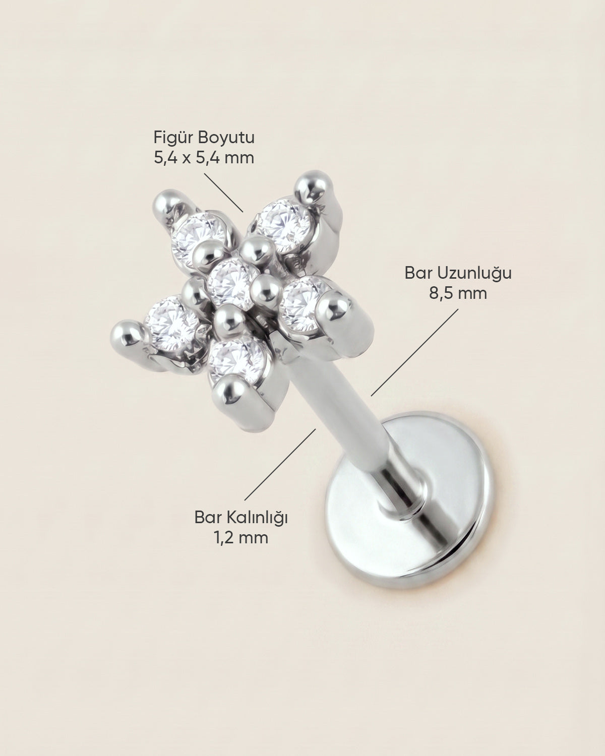 Gümüş renkli 316L cerrahi çelik zirkon taşlı yıldız figürlü flatback piercingin ölçü görseli.