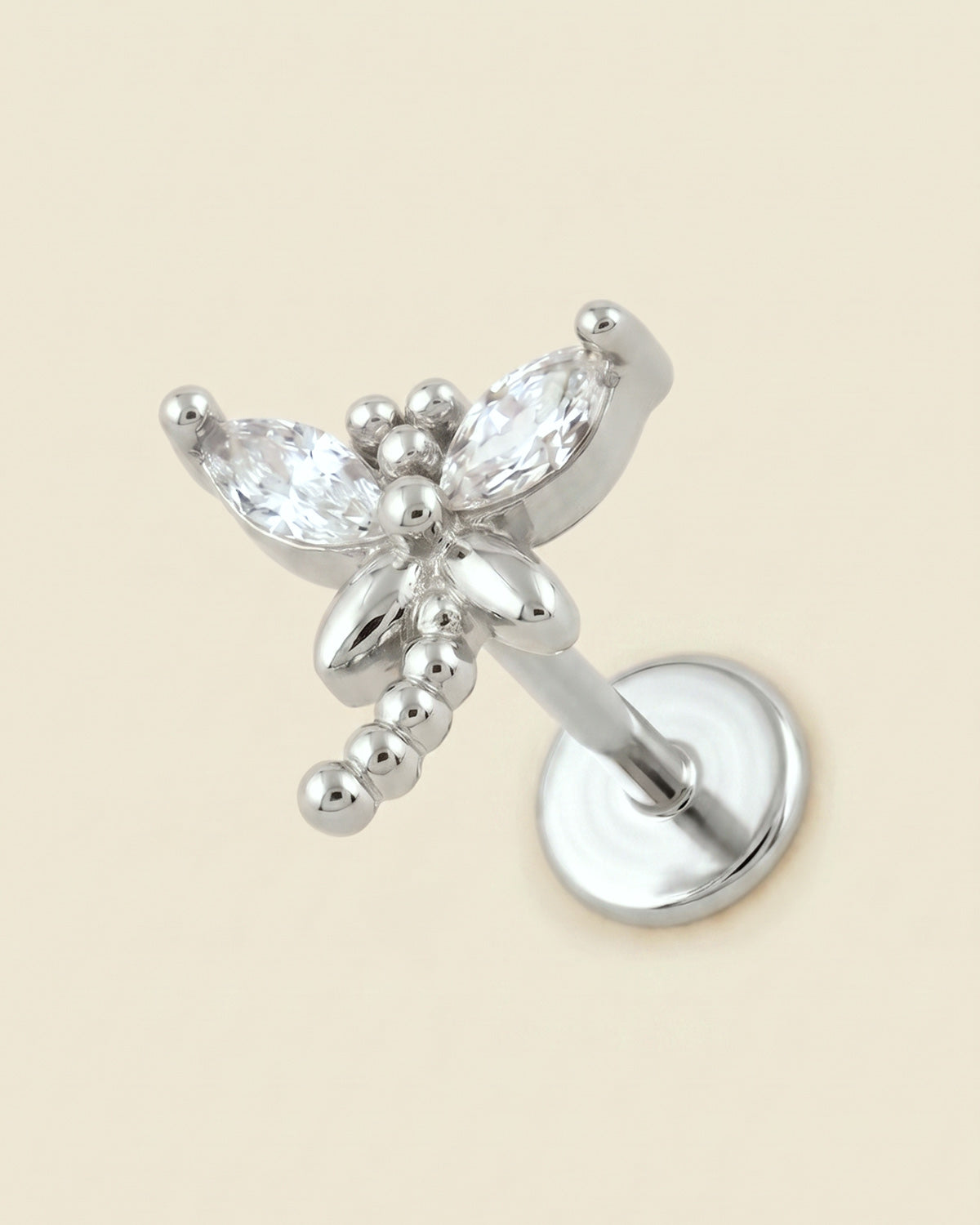 Gümüş renkli 316L cerrahi çelik zirkon taşlı yusufçuk flatback piercing tasarımı.