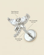Gümüş renkli 316L cerrahi çelik zirkon taşlı yusufçuk flatback piercingin ölçü görseli.