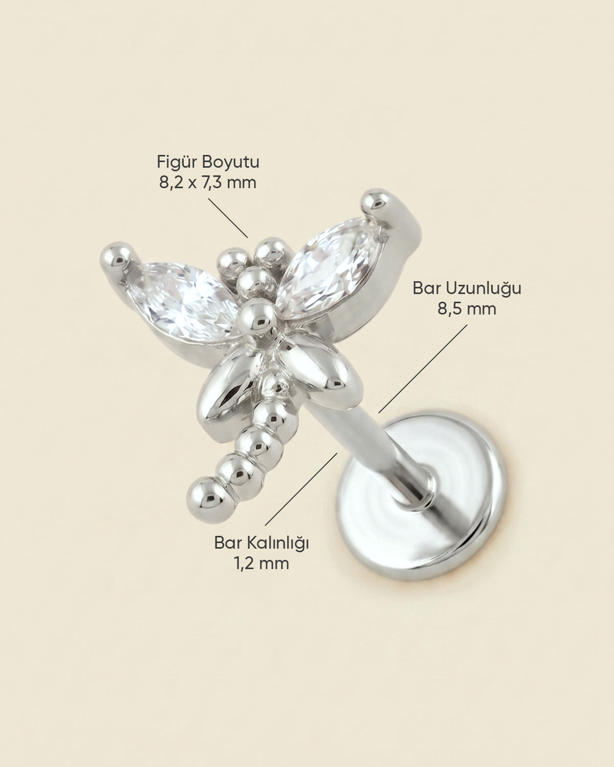 Gümüş renkli 316L cerrahi çelik zirkon taşlı yusufçuk flatback piercingin ölçü görseli.