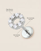Gümüş renkli 316L cerrahi çelik zirkon taşlı yuvarlak figürlü flatback piercingin ölçü görseli.