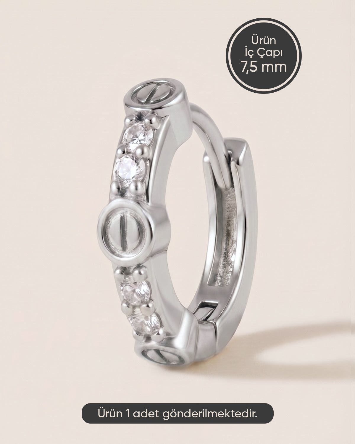 Gümüş renkli cerrahi çelik modern vida motifli halka piercing tasarımı.