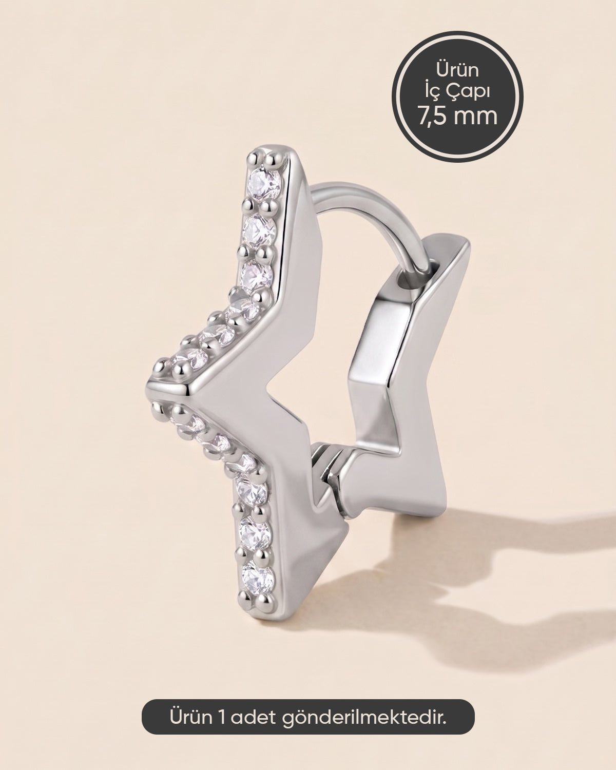 Gümüş renkli cerrahi çelik yıldız biçimli 7,50 mm zirkon taşlı halka piercing tasarımı.