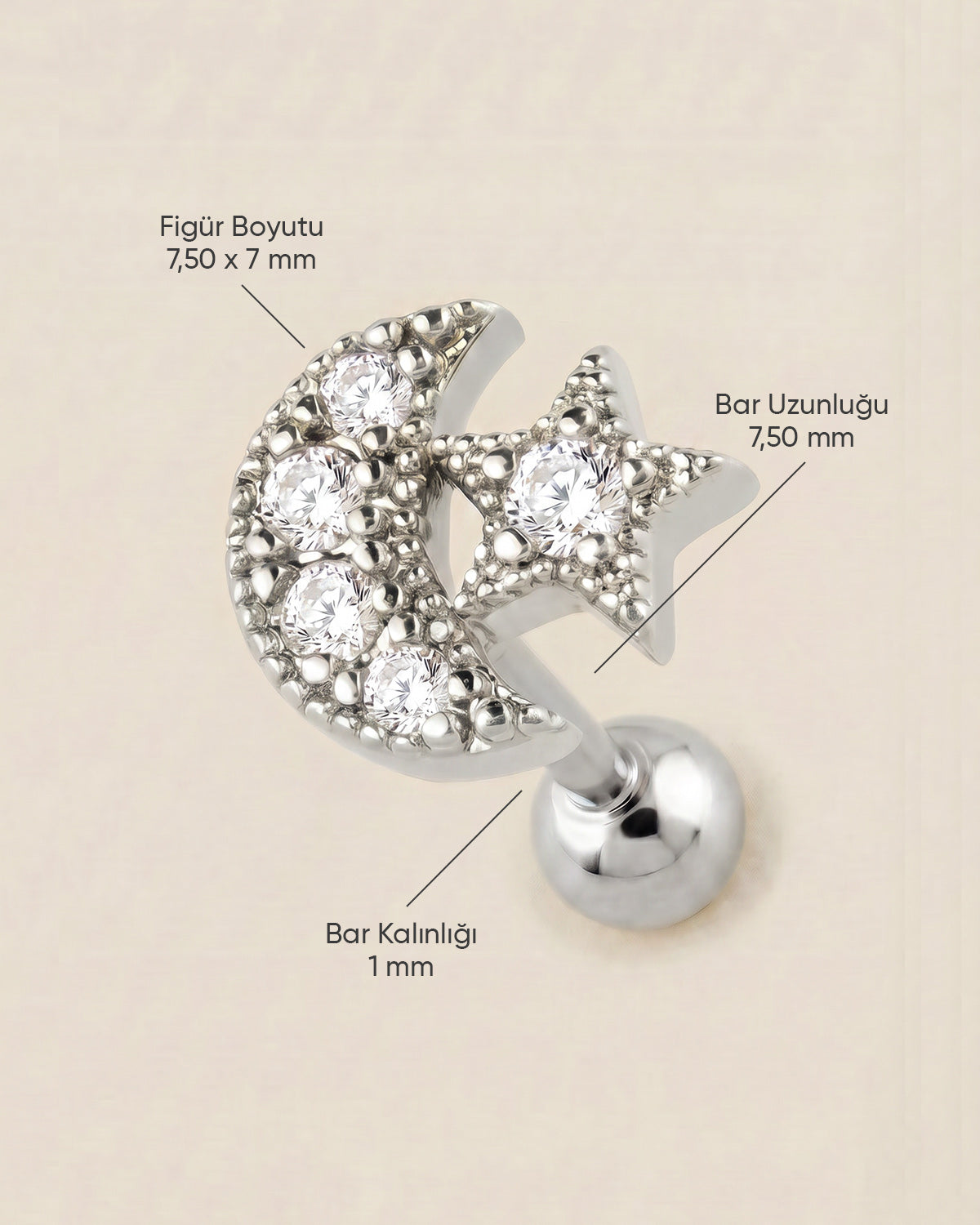 Gümüş renkli cerrahi çelik zirkon taşlı ay yıldız tragus piercingin ölçü görseli.