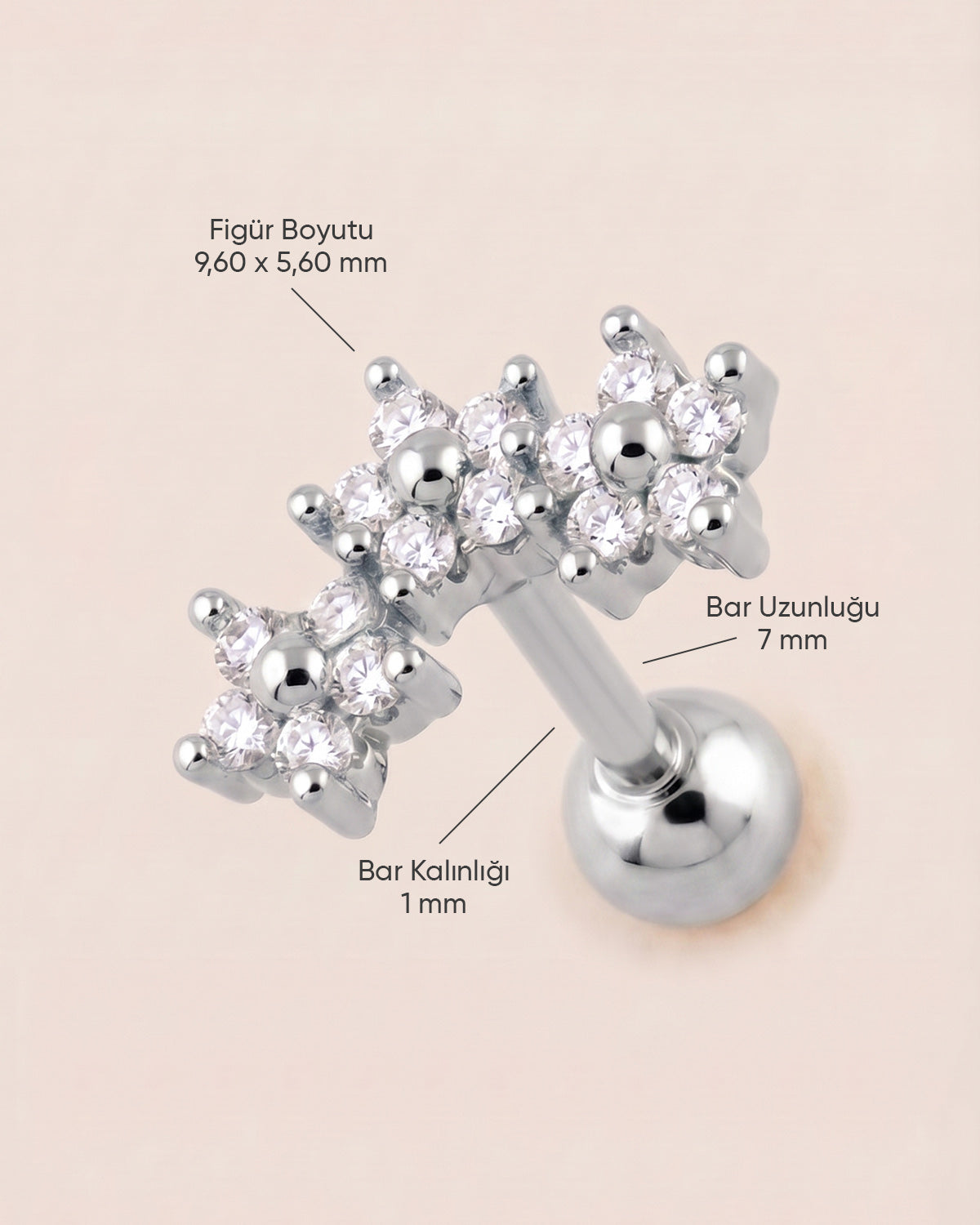 Gümüş renkli cerrahi çelik zirkon taşlı kavisli çiçekli tragus piercingin ölçü görseli.