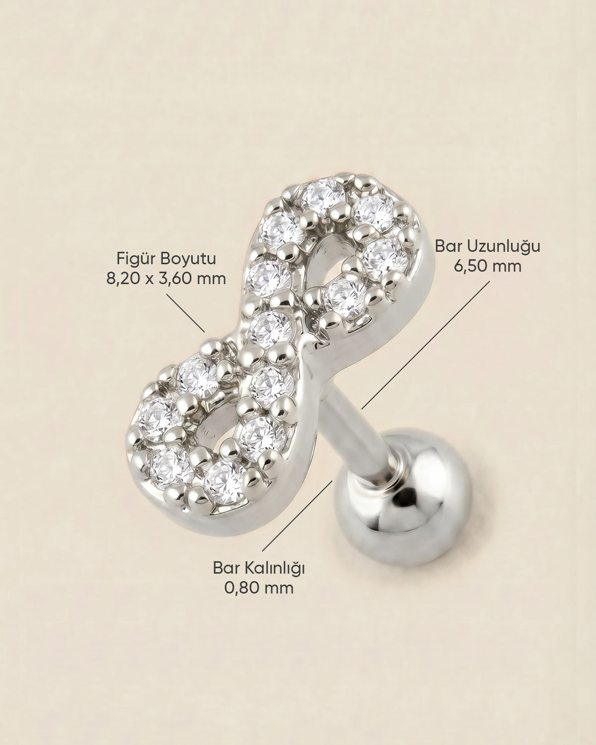 Gümüş renkli cerrahi çelik zirkon taşlı sonsuzluk figürlü tragus piercingin ölçü görseli.