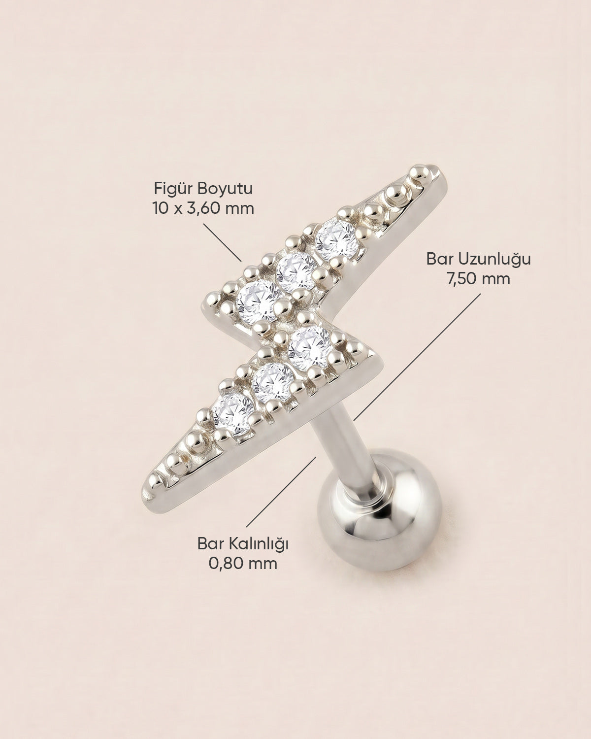 Gümüş Renkli Cerrahi Çelik Zirkon Taşlı Yıldırım Figürlü Tragus Piercing